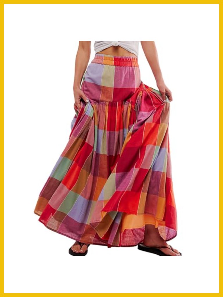 High Waisted Maxi Skirt With Tiered Ruffle Hem Flowy A-Line